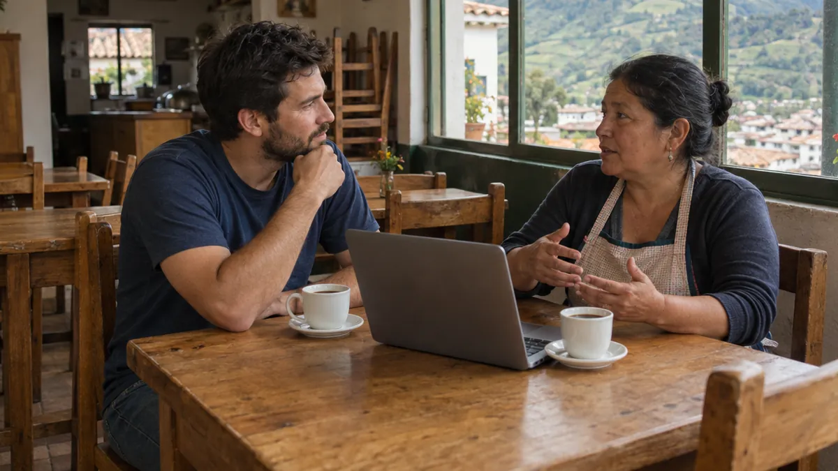 Consultor conversa con la dueña de un restaurante sobre cómo vender por internet, en su propio negocio