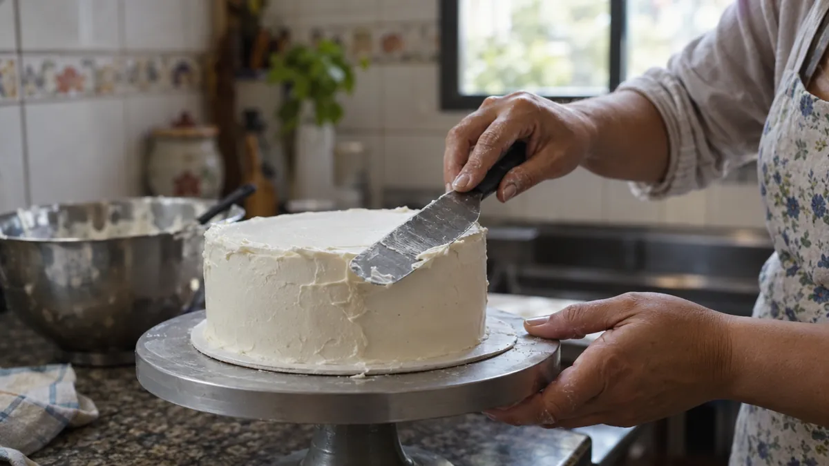 Repostera casera cubre con crema una torta, el producto principal con el que define su oferta