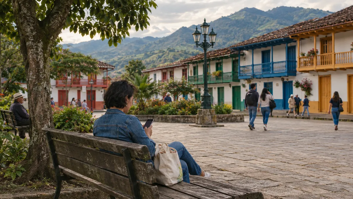 Mujer revisa su celular en la plaza de un pueblo del Eje Cafetero, donde los clientes buscan dónde comprar en línea