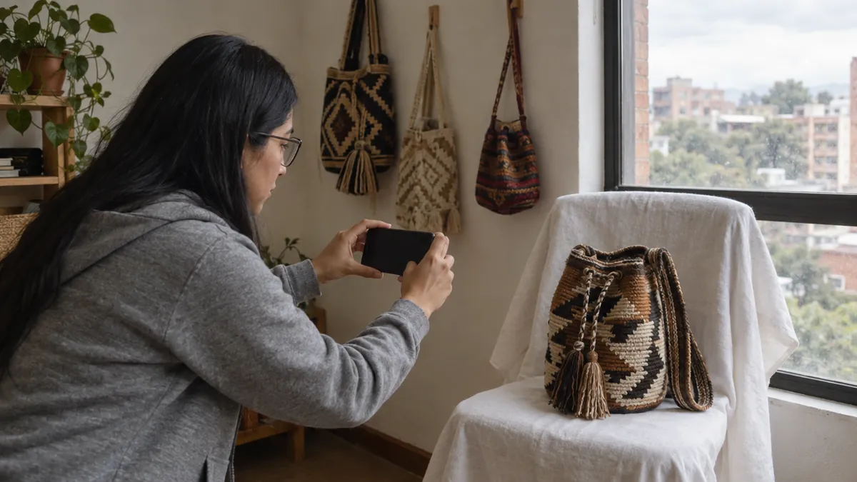 Emprendedora toma fotos reales de una mochila tejida junto a la ventana para su landing page