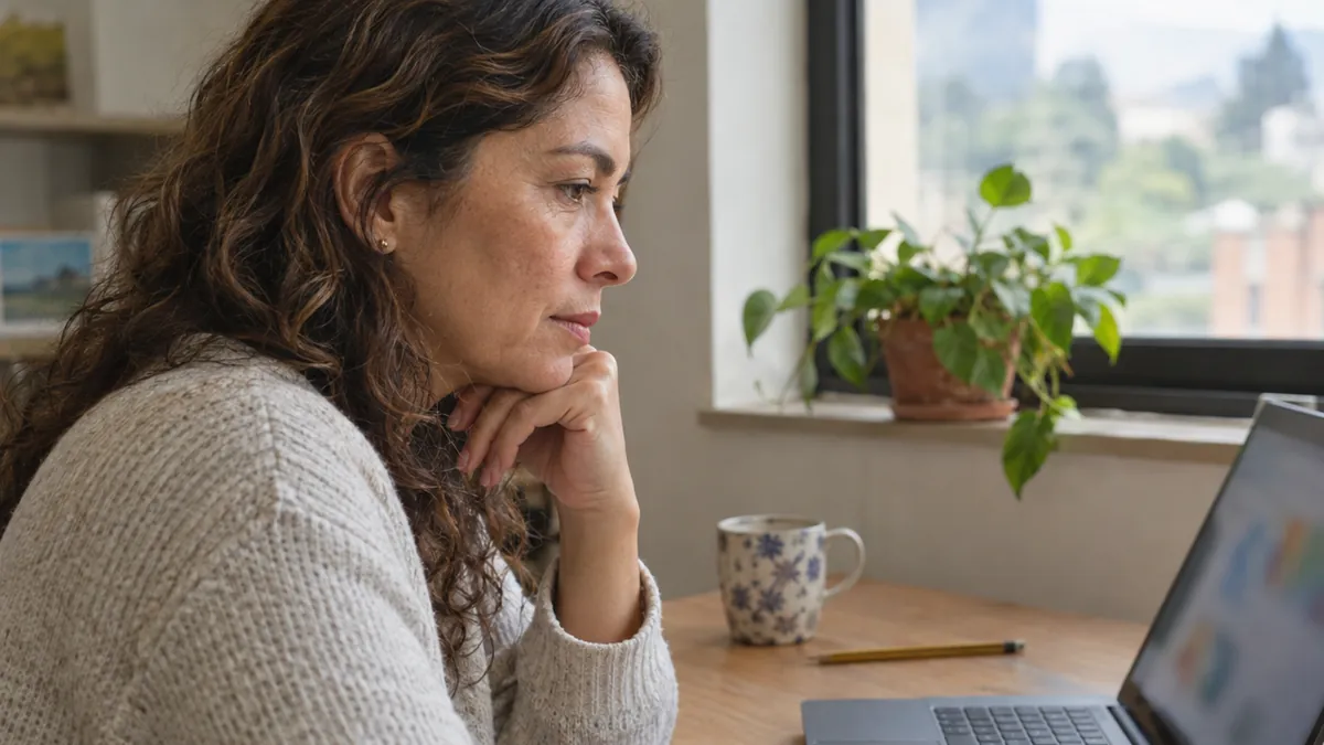 Emprendedora revisa en su portátil los resultados de la semana para decidir qué ajustar en su venta en línea