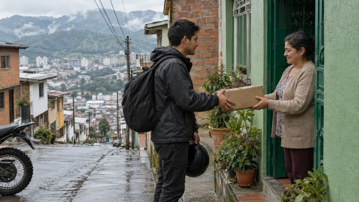 Mensajero entrega un paquete a una clienta en la puerta de su casa, en un barrio de ladera de Manizales