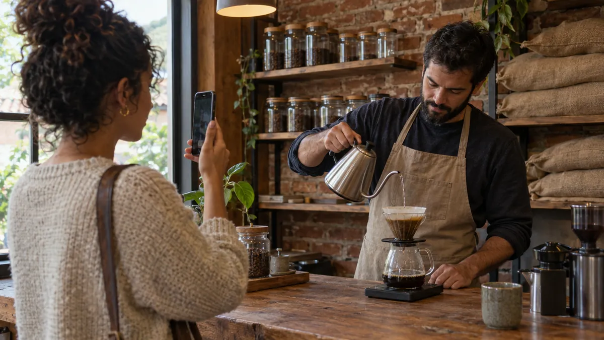 Emprendedora graba en vertical a un barista preparando café, contenido para su pauta en Meta y Google