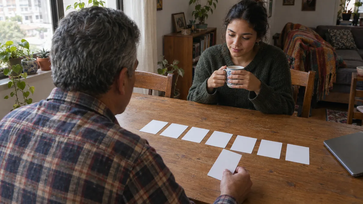 Emprendedor organiza siete tarjetas en blanco sobre la mesa para planear su semana de ventas por internet