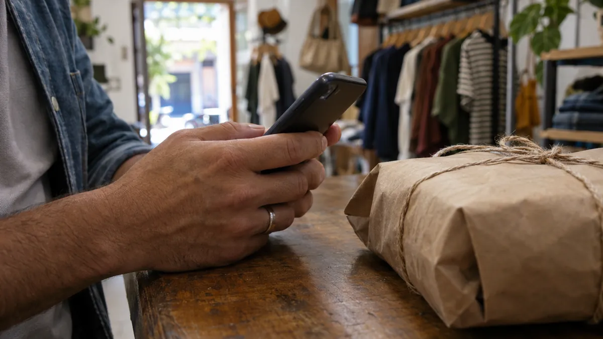 Vendedor escribe por WhatsApp para confirmar un pedido, con el paquete listo sobre el mostrador de su tienda